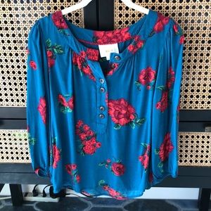 Anthropologie | Maeve top Aqua Blue/Red Floral printed blouse Size XS